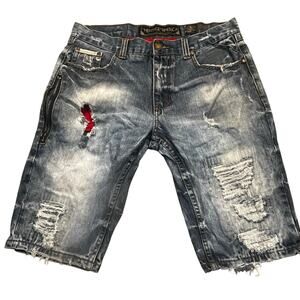 Heritage America Denim Shorts W34 Distressed Ripped Biker Zip Moto Streetwear